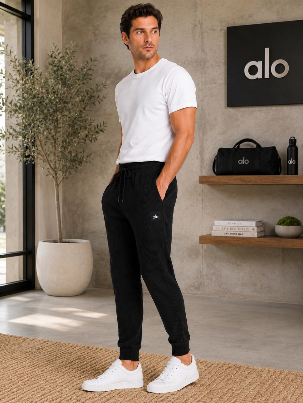 ALO Men’s Small Ribbed Jogger Pants Black Drawstring Athletic Lounge Size Small